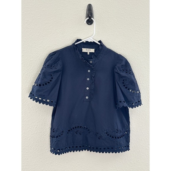 Sea New York Tops - Sea New York Santos Eyelet Blouse Navy Blue Ruffle Puff Sleeve Cotton Top Small